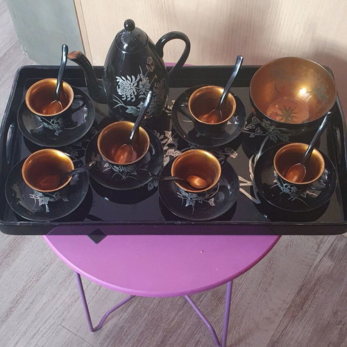Antique Japanese style tea set from the 60s, wooden lacquered, 21 pieces