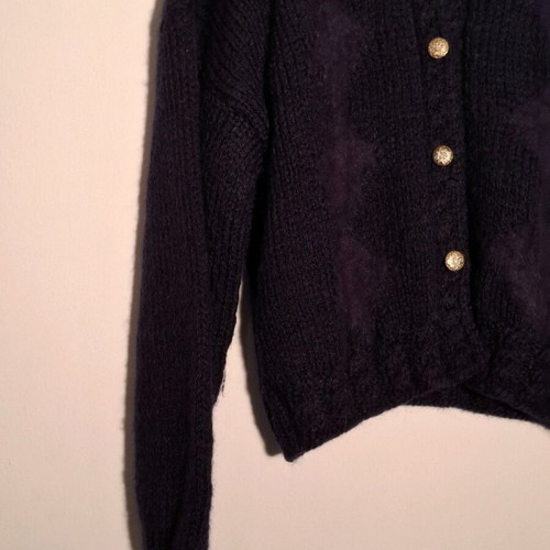 Blue wool cardigan like new with rhombus pattern and gold buttons