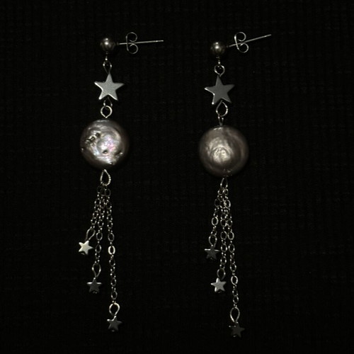 Moon and Stars Earrings with Natural Freshwater Pearls and Hematite Stars