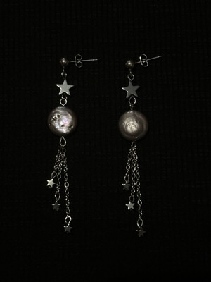 Moon and Stars Earrings with Natural Freshwater Pearls and Hematite Stars