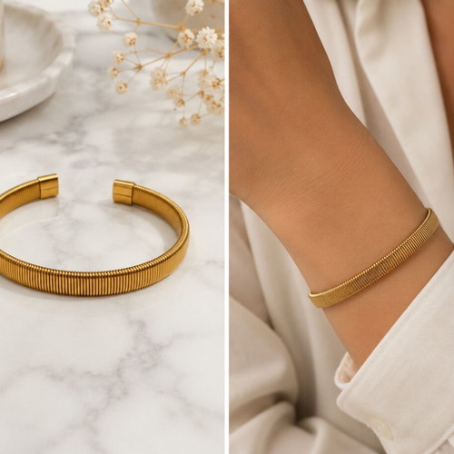 Cuff bracelet new, gold tone with embossed minimal snake chain design