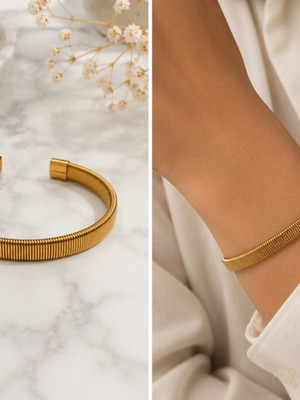 Cuff bracelet new, gold tone with embossed minimal snake chain design