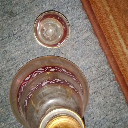 Liqueur bottle used 20 cm with gilded cap and small glass