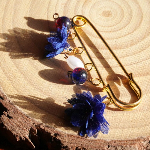 Handmade brooch with blue and gold hanging details new