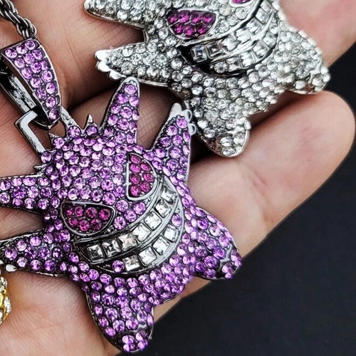 Pokemon Gengar Iced Out Chain set like new in purple amethyst and clear white