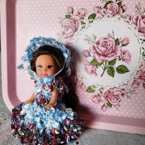 Miniature Doll New with Handmade Dress and Hat 10cm