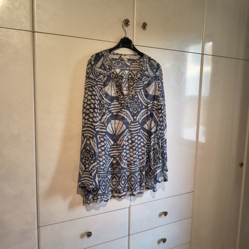 Mia blue and white transparent tunic shirt with sequin V neckline, 4XL