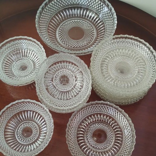 Vintage glass serving set, 22 pieces with embossed designs