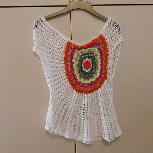 Crochet blouse white size M like new with multicolor detail
