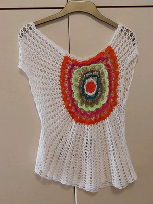 Crochet blouse white size M like new with multicolor detail
