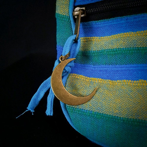 Cotton sling bag turquoise blue with copper moon charm new