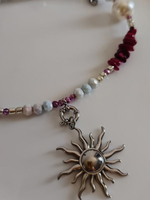 Necklace with stainless steel sun, beads, pearls and shell chips, new