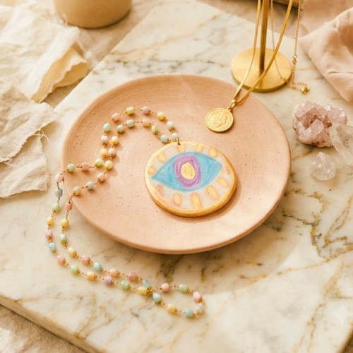 Necklace with hand-painted clay pendant on steel chain, like new