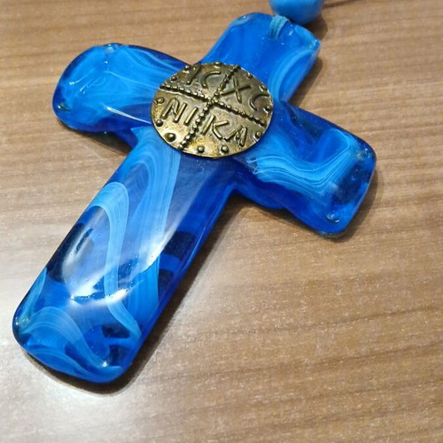 Handmade Tanagra Cross in Blue Glass like new