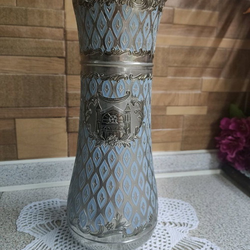 Vintage decorative vase used with silver-plated body and blue enamel