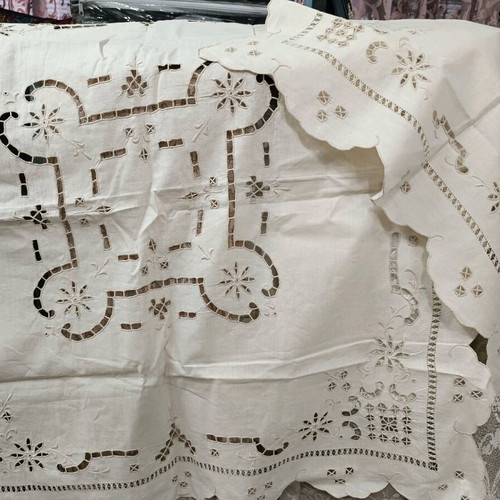 Linen cutwork tablecloth set beige handmade, new