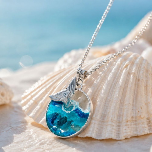 Handmade Long Necklace Mermaid with Polymer Clay and Resin in Silver Frame