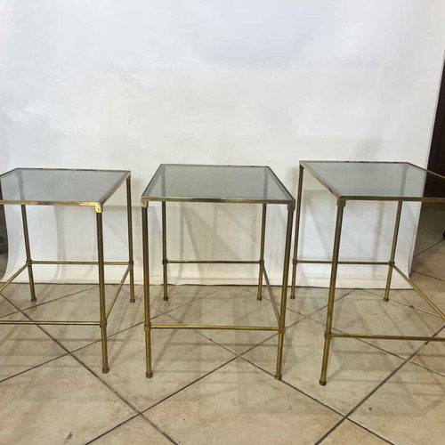 Vintage set of 3 brass nesting tables with glass surfaces used
