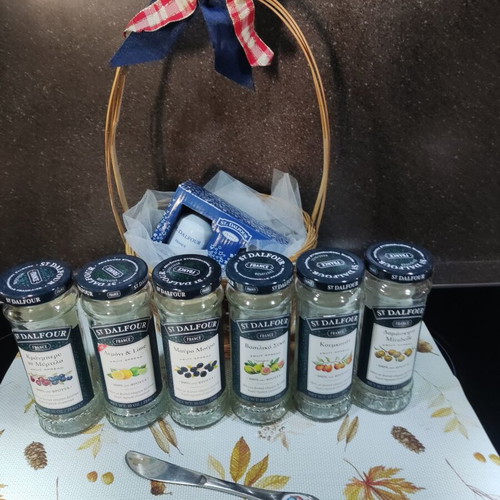 St. Dalfour empty jam jars gift basket with vintage butter knife and porcelain salt and pepper set
