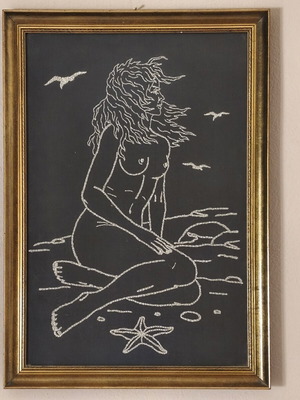 Hand-Embroidered Textile Painting with Gold Thread like new