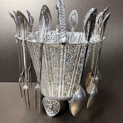 Silver Filigree Sweet Container Set like new, with spoons and forks