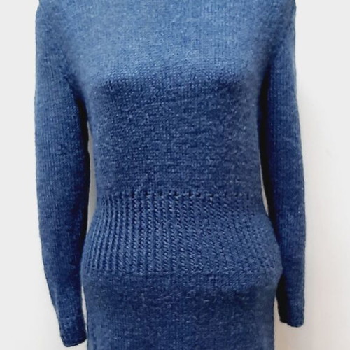 Vintage Hand-Knitted Dress Blue Wool Blend Size L 90 cm