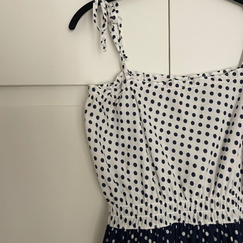 Vintage midi dress white and blue polka dots medium used