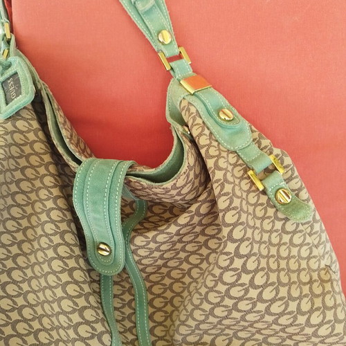 Guess shoulder bag like new, beige canvas and leather, mint green