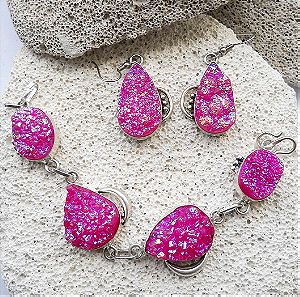 Επάργυρο Σετ βραχιόλι και σκουλαρίκια με ημιπολύτιμες πέτρες Σκαλιστού Ροζ Αχάτη.