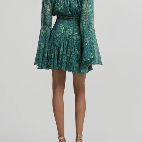 Lynne printed off-shoulder shorts jumpsuit with bell sleeves, green