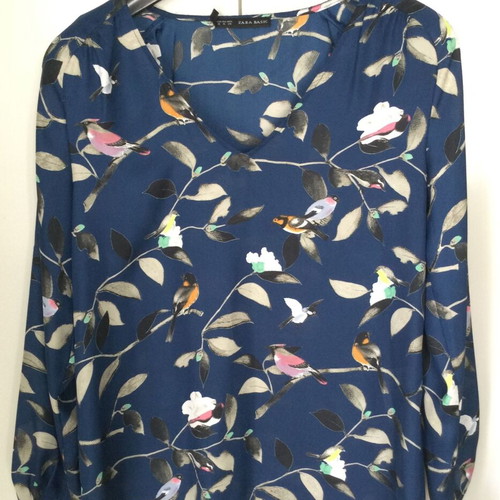Zara Basic blouse blue with birds new, size Medium