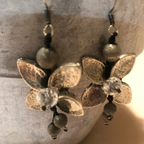 Handmade long flower earrings used, silver color