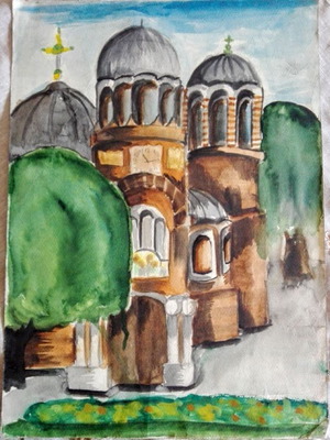 Original vintage watercolor painting Orthodox church 35×50 cm used
