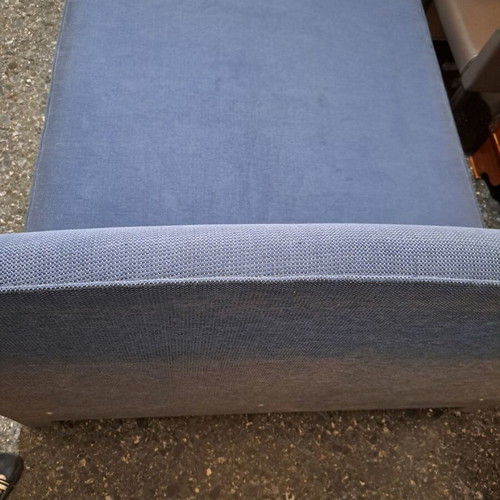 Semi-double bed with headboard 135x200 used, blue cotton fabric, beech frame