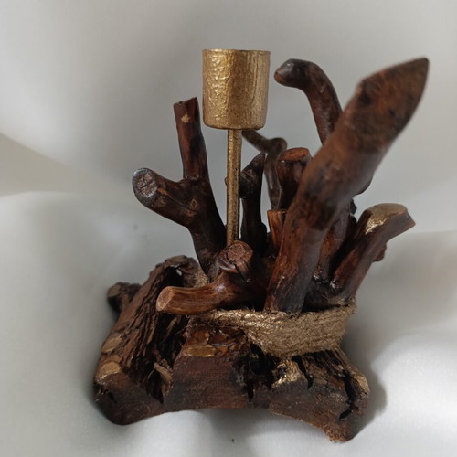 Handcrafted Driftwood Art Candle Holder with Gold Accents