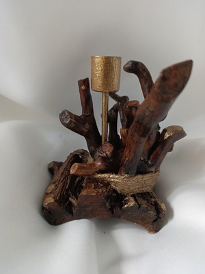 Handcrafted Driftwood Art Candle Holder with Gold Accents