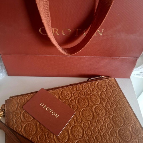 Oroton medium brown wristlet pouch