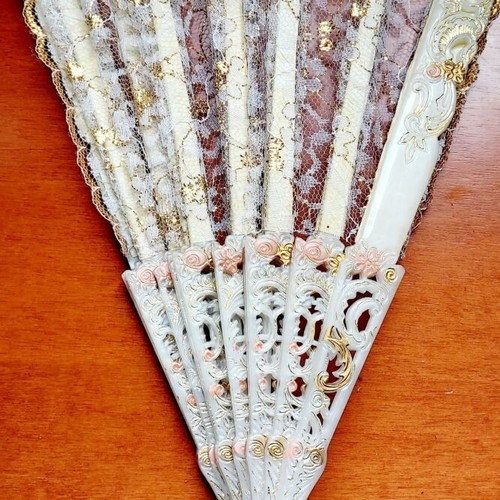 Vintage handmade fan with lace and case new