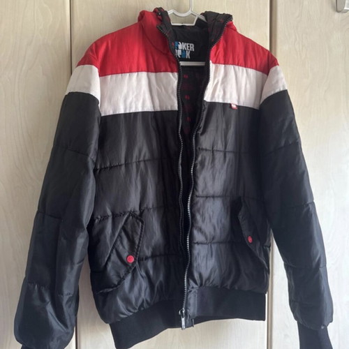 Windbreaker jacket used, black with red and white stripes, hooded