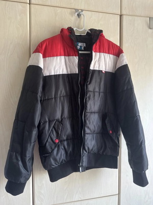 Windbreaker jacket used, black with red and white stripes, hooded