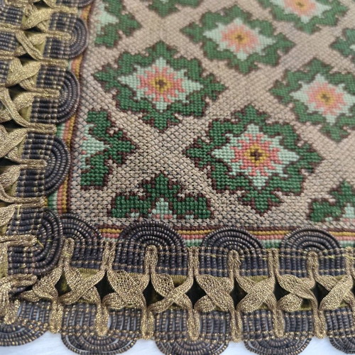 Handmade embroidered counted table runner with gold thread filling
