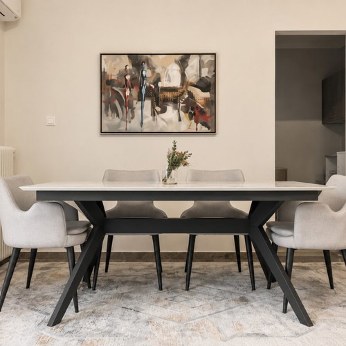 Modern dining set with ceramic top and solid wood, like new