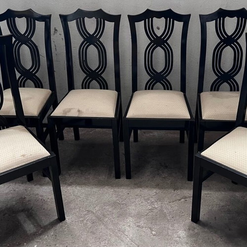 Chinese dining set used with six chairs, black lacquer, 1970s