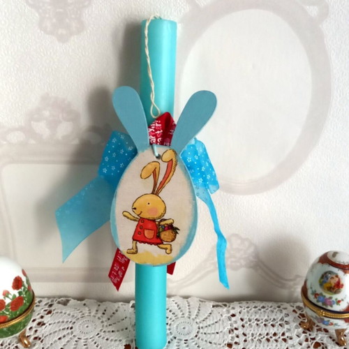 Easter candle with bunny new, blue with decoupage decoration