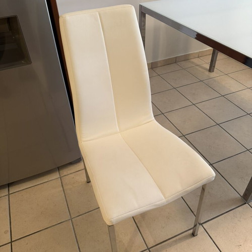 Glass dining table and chair set used, metal frame, white chairs