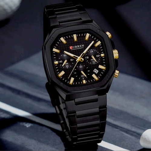 Ρολόι Curren Polygon Chrono καινούργιο, μαύρο με χρυσαφί λεπτομέρειες