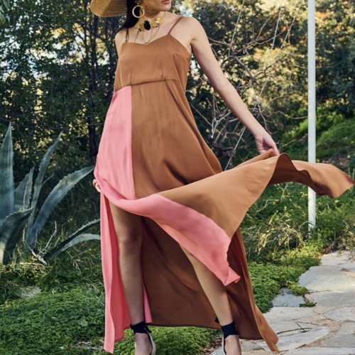 Maxi dress new with slits and belt by Aitheras Clothing, brown and pink