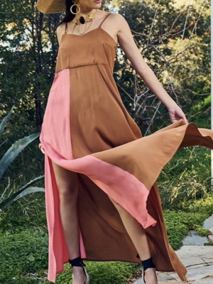 Maxi dress new with slits and belt by Aitheras Clothing, brown and pink