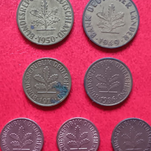 Lot of 10 coins of 1 mark and 10, 5 and 1 pfennig of Germany