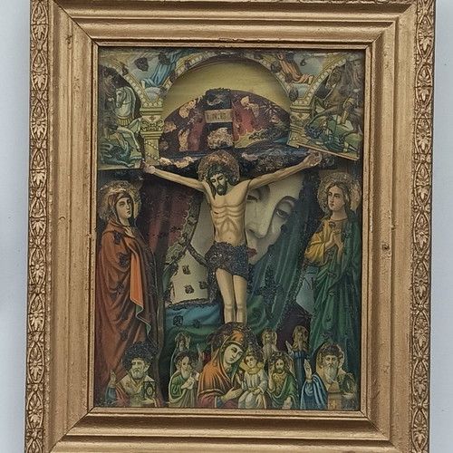 Vintage religious icon used with depth 'The Crucifixion of Jesus' framed with glass